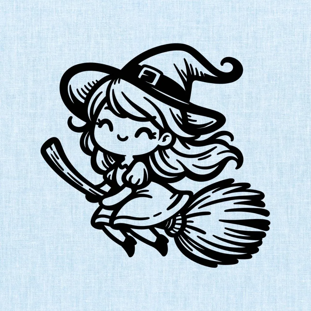 Cute Cartoon Smiling Witch Flying Broom SVG Vector Clipart Cut File