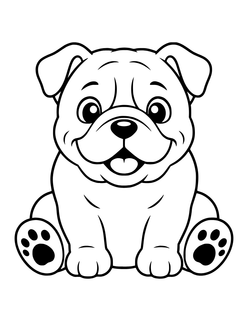 Free cute bulldog puppy sitting printable pdf coloring page