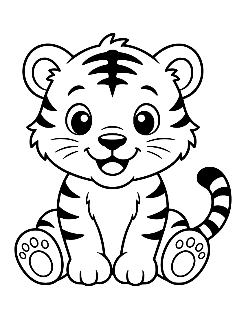 Free cute cartoon kawaii tiger printable pdf coloring page
